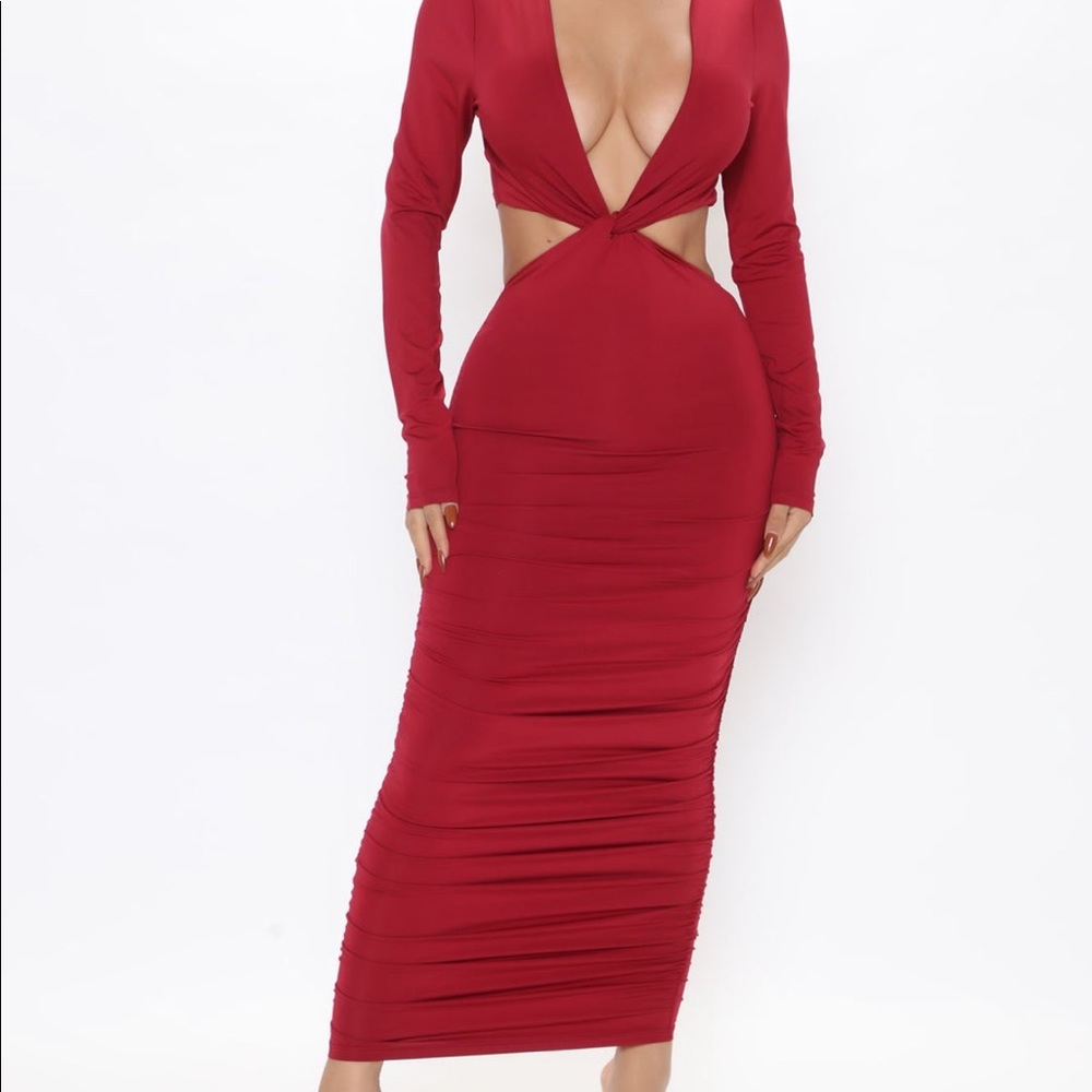 KIMBER RUCHED MIDI DRESS- BURGUNDY XL